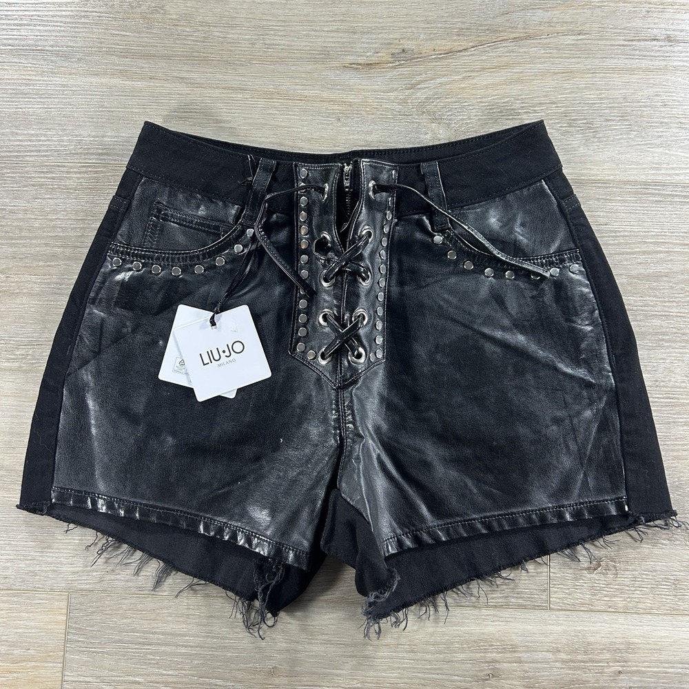 Liu‎ Jo Size 28 Black Leathers Denim Lace Up Shorts Biker Grunge Festival